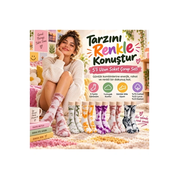 Unisex Batik Desenli Çorap 5li Set Renkli Pamuklu Uzun Soket Dikişsiz Nefes Alan Günlük Spor Çorabı