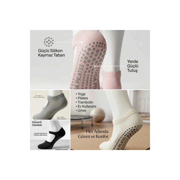 Kadın Kaymaz Yoga Pilates Çorabı 4lü | Silikon Taban, Bilek Bantlı, Ev Spor Umre, 4 Renk