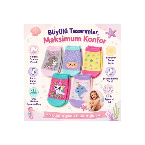 5’li Kız Çocuk Çorap Seti Deniz Kızı Unicorn Desenli Pamuklu Rahat Burunlu Renkli