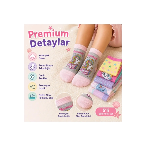 5’li Kız Çocuk Çorap Seti Deniz Kızı Unicorn Desenli Pamuklu Rahat Burunlu Renkli