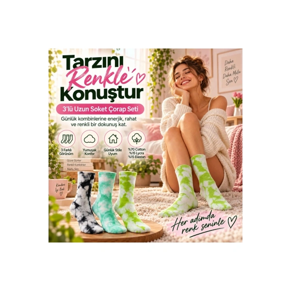 Unisex Batik Desenli Çorap 3lü Set Renkli Pamuklu Uzun Soket Dikişsiz Nefes Alan Günlük Spor Çorabı