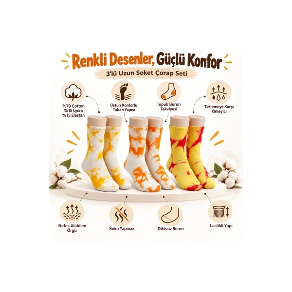 Unisex Batik Desenli Çorap 6lı Set Pamuklu Renkli Uzun Soket Dikişsiz Nefes Alan Günlük Spor Çorabı