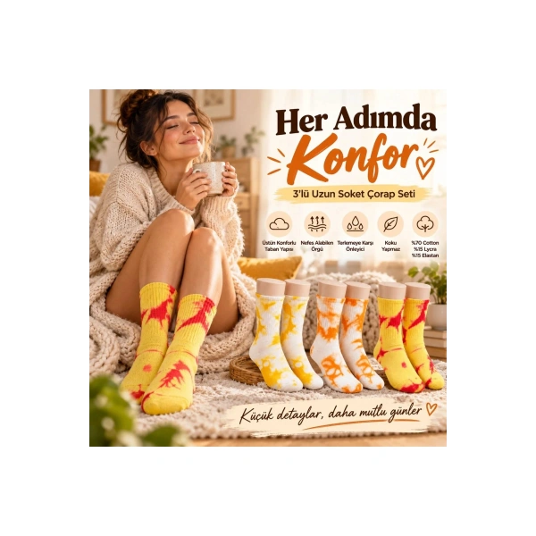 Unisex Batik Desenli Çorap 6lı Set Pamuklu Renkli Uzun Soket Dikişsiz Nefes Alan Günlük Spor Çorabı