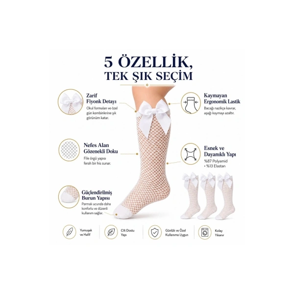 Kız Çocuk Beyaz File Dizaltı Çorap Fiyonklu 3lü Paket Okul Tören Bayram Gösteri Çorabı