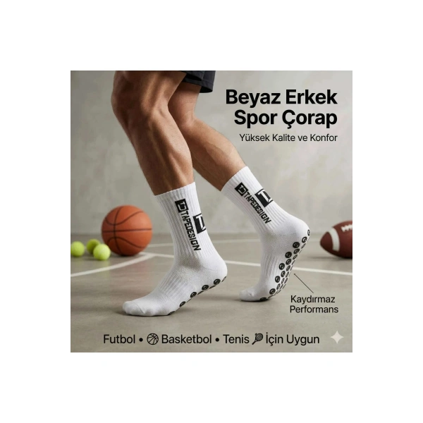 Kaydırmaz Çorap 3’lü Futbol Basketbol Tenis Erkek Spor Çorap, Beyaz, Kaymaz Çorap Tabanlı, Dikişsiz