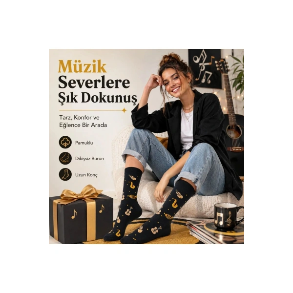 Kadın Müzik Enstrüman Desenli Soket Çorap 36-40 | Pamuklu Dikişsiz Siyah Uzun Konç Hediyelik