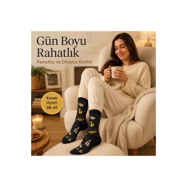 Kadın Müzik Enstrüman Desenli Soket Çorap 36-40 | Pamuklu Dikişsiz Siyah Uzun Konç Hediyelik