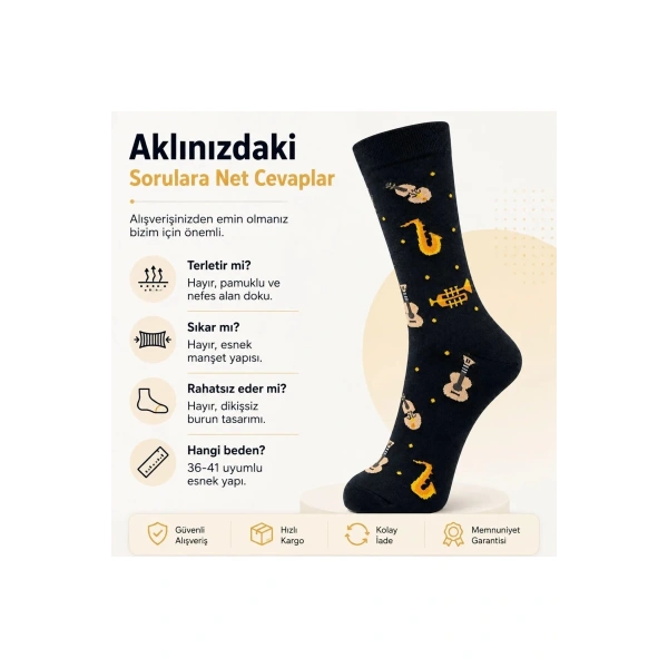 Kadın Müzik Enstrüman Desenli Soket Çorap 36-40 | Pamuklu Dikişsiz Siyah Uzun Konç Hediyelik