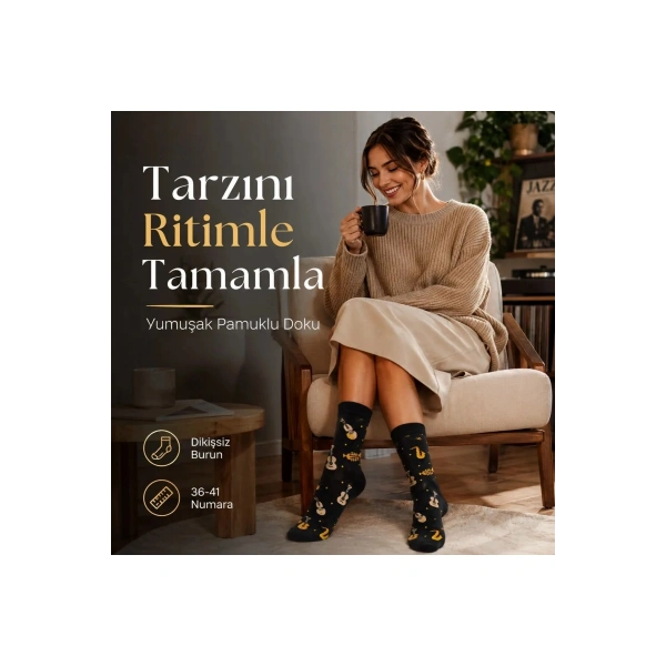 Kadın Müzik Enstrüman Desenli Soket Çorap 36-40 | Pamuklu Dikişsiz Siyah Uzun Konç Hediyelik