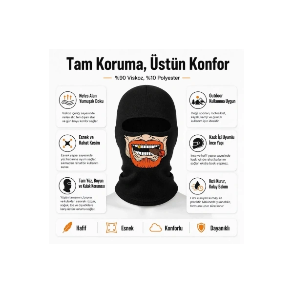 Unisex Sakallı Puro Baskılı Balaklava 1 Adet Tek Beden Viskoz Kask İçi Outdoor Maske