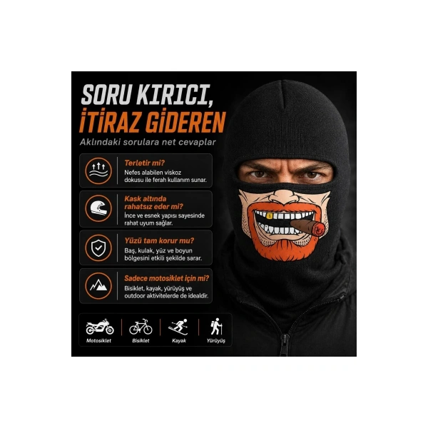 Unisex Sakallı Puro Baskılı Balaklava 1 Adet Tek Beden Viskoz Kask İçi Outdoor Maske