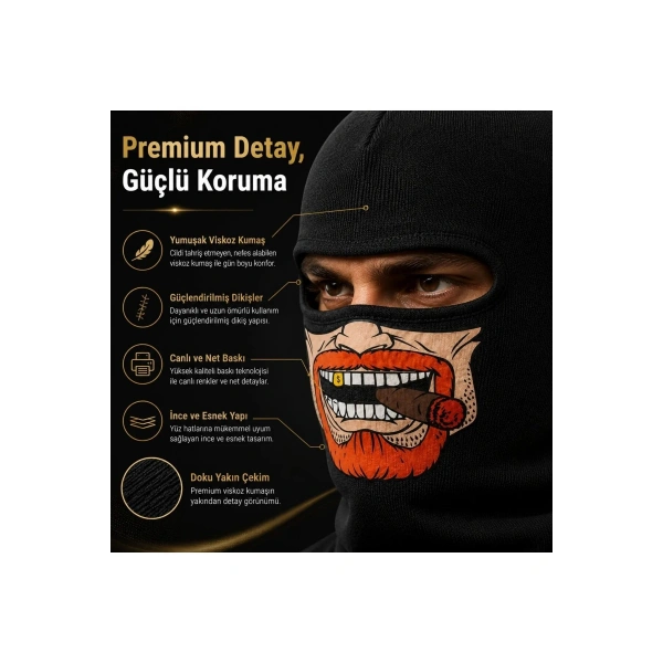 Unisex Sakallı Puro Baskılı Balaklava 1 Adet Tek Beden Viskoz Kask İçi Outdoor Maske