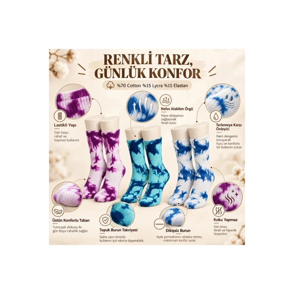 Unisex Batik Desenli Çorap 6Lı Set Pamuklu Renkli Uzun Soket Dikişsiz Nefes Alan Spor Çorabı Günlük