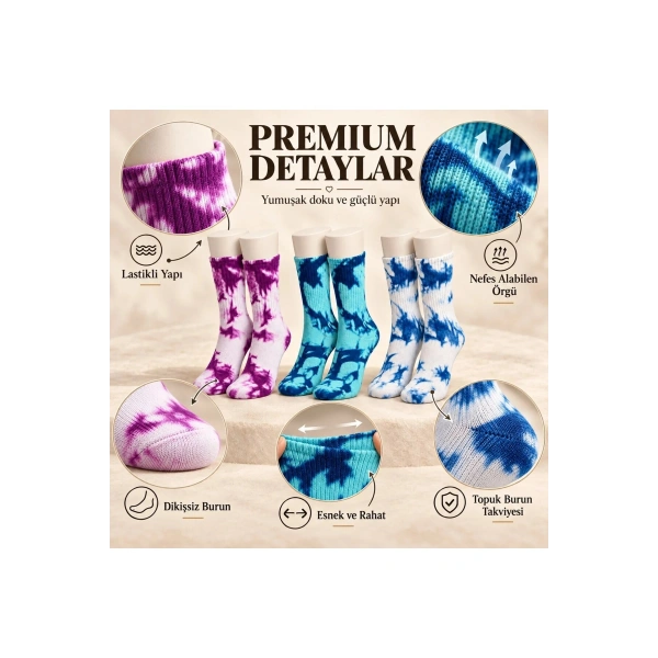 Unisex Batik Desenli Çorap 6Lı Set Pamuklu Renkli Uzun Soket Dikişsiz Nefes Alan Spor Çorabı Günlük