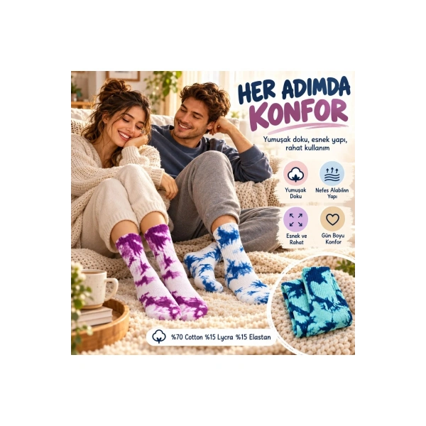 Unisex Batik Desenli Çorap 6Lı Set Pamuklu Renkli Uzun Soket Dikişsiz Nefes Alan Spor Çorabı Günlük