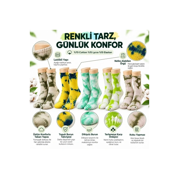 Unisex Batik Desenli Çorap 10lu Set Pamuklu Renkli Uzun Soket Dikişsiz Nefes Alan Günlük Spor Çorab