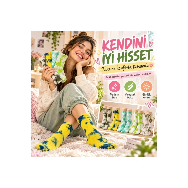 Unisex Batik Desenli Çorap 5li Set Pamuklu Renkli Uzun Soket Dikişsiz Nefes Alan Günlük Spor Çorabı