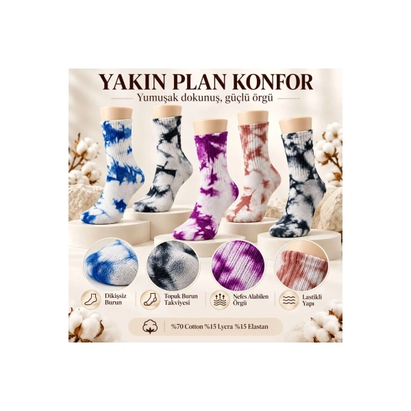 Unisex Batik Desenli Çorap 10lu Set Pamuklu Renkli Uzun Soket Dikişsiz Nefes Alan Günlük Spor Çorab