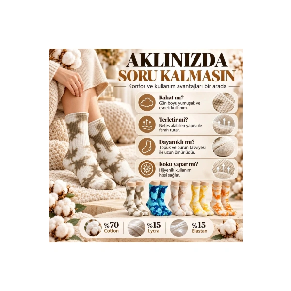 Unisex Batik Desenli Çorap 5li Set Pamuklu Renkli Uzun Soket Dikişsiz Nefes Alan Günlük Spor Çorabı