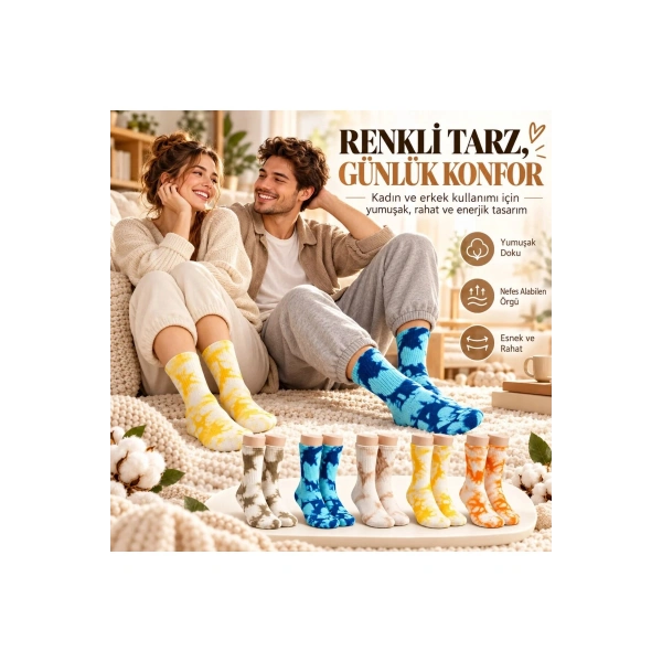 Unisex Batik Desenli Çorap 10lu Set Pamuklu Renkli Uzun Soket Dikişsiz Nefes Alan Günlük Spor Çorab