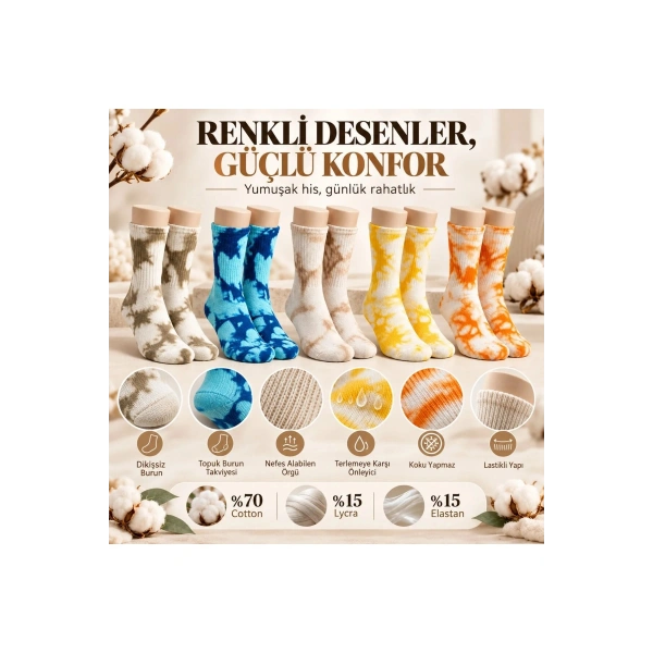 Unisex Batik Desenli Çorap 10lu Set Pamuklu Renkli Uzun Soket Dikişsiz Nefes Alan Günlük Spor Çorab