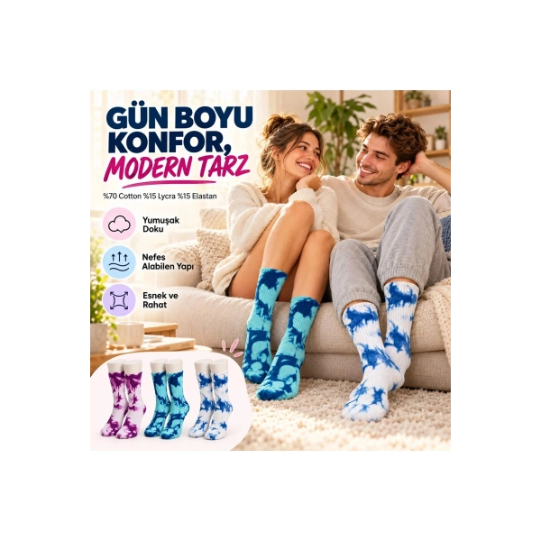 Unisex Batik Desenli Çorap 3lü Set Pamuklu Renkli Uzun Soket Dikişsiz Nefes Alan Spor Çorabı Günlük