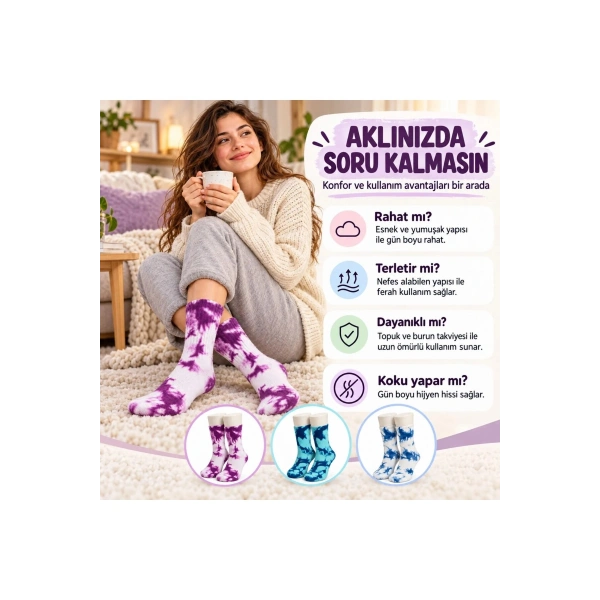 Unisex Batik Desenli Çorap 3lü Set Pamuklu Renkli Uzun Soket Dikişsiz Nefes Alan Spor Çorabı Günlük