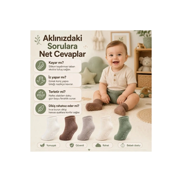5’li Kaydırmaz Tabanlı Erkek Bebek Çorap Seti İnce Dikişli Toprak Tonları