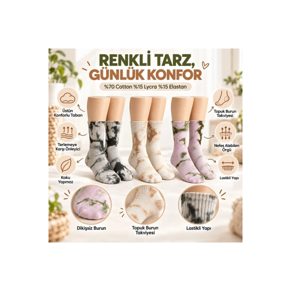 Unisex Batik Desenli Çorap 6lı Set Pamuklu Uzun Soket Dikişsiz Nefes Alan Günlük Spor Konfor Çorabı