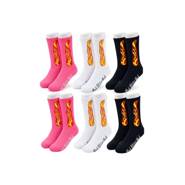 Unisex Alev Desenli Çorap 6lı Set Pamuklu Uzun Soket Dikişsiz Nefes Alan Günlük Spor Çorabı Yumuşak