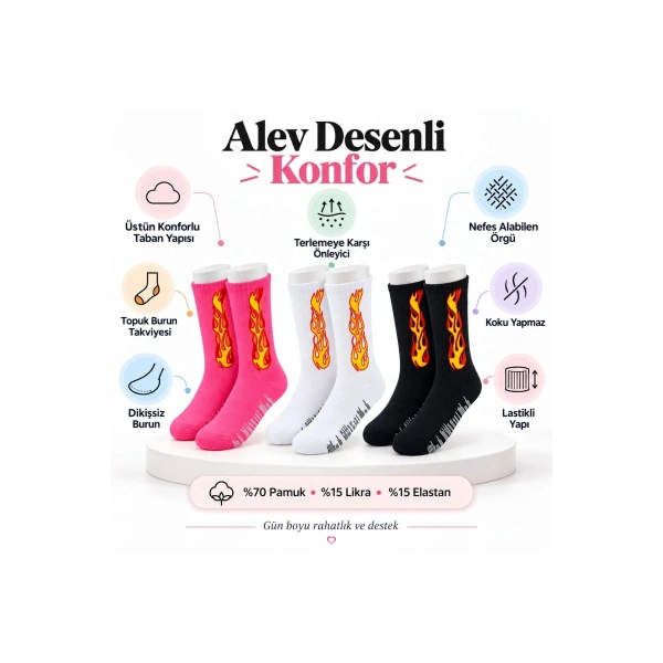 Unisex Alev Desenli Çorap 6lı Set Pamuklu Uzun Soket Dikişsiz Nefes Alan Günlük Spor Çorabı Yumuşak
