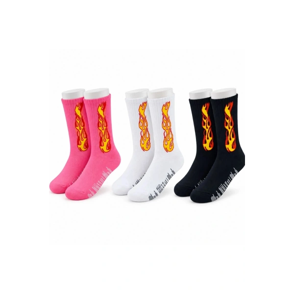 Unisex Alev Desenli Çorap 3lü Set Pamuklu Uzun Soket Dikişsiz Nefes Alan Günlük Spor Çorabı Yumuşak