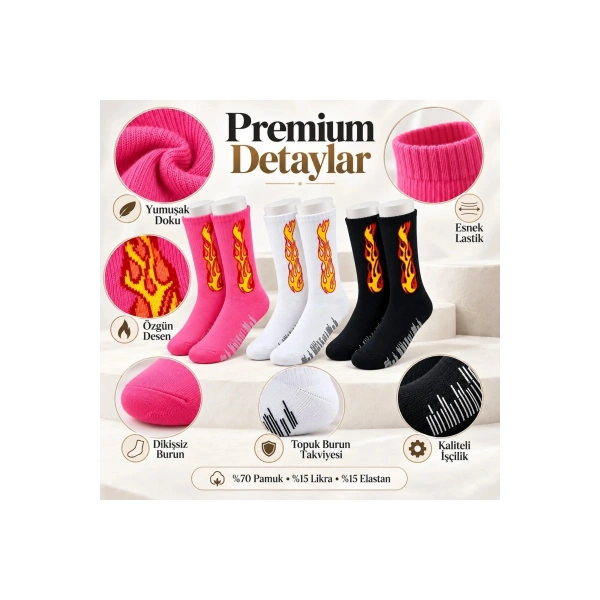 Unisex Alev Desenli Çorap 3lü Set Pamuklu Uzun Soket Dikişsiz Nefes Alan Günlük Spor Çorabı Yumuşak