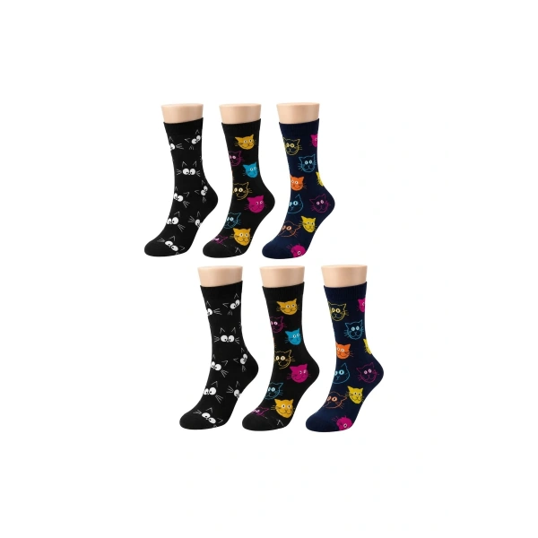 Unisex Kedi Desenli Çorap 6lı Set Pamuklu Renkli Uzun Soket Dikişsiz Nefes Alan Rahat Günlük Çorap