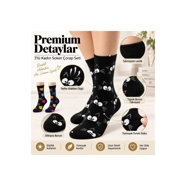 Unisex Kedi Desenli Çorap 6lı Set Pamuklu Renkli Uzun Soket Dikişsiz Nefes Alan Rahat Günlük Çorap