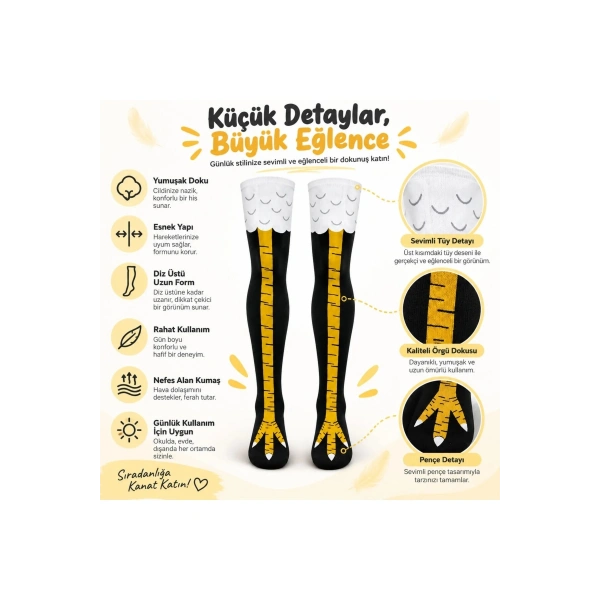 Kadın Diz Üstü Tavuk Ayağı 3lü Desenli Çorap Siyah Sarı Uzun Eğlenceli Kostüm Parti Günlük Çorabı M