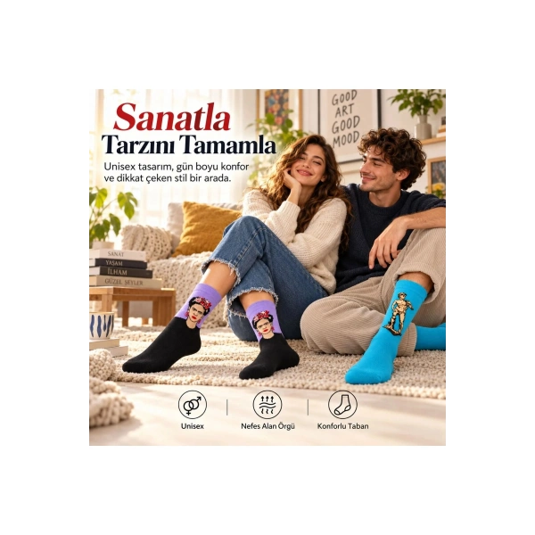 UNİSEX Çorap Sanat Temalı Renkli 7li Set Portre Tablo Desenli Uzun Soket Günlük Eğlenceli Çorap Şık