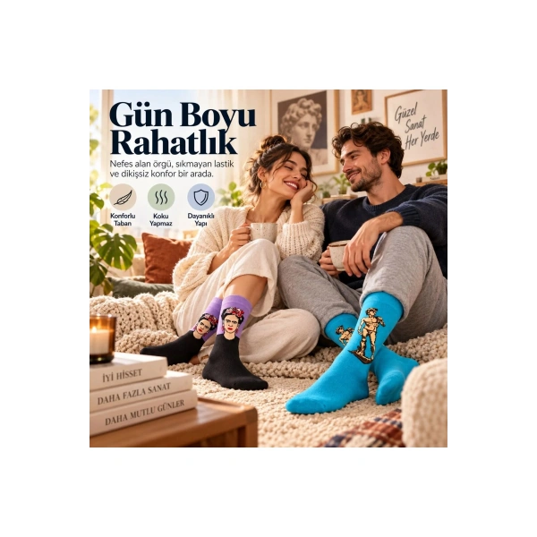 UNİSEX Çorap Sanat Temalı Renkli 7li Set Portre Tablo Desenli Uzun Soket Günlük Eğlenceli Çorap Şık
