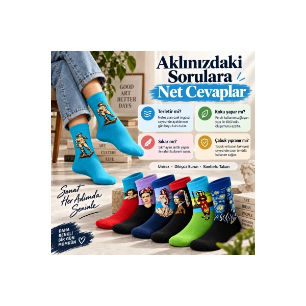 UNİSEX Çorap Sanat Temalı Renkli 7li Set Portre Tablo Desenli Uzun Soket Günlük Eğlenceli Çorap Şık