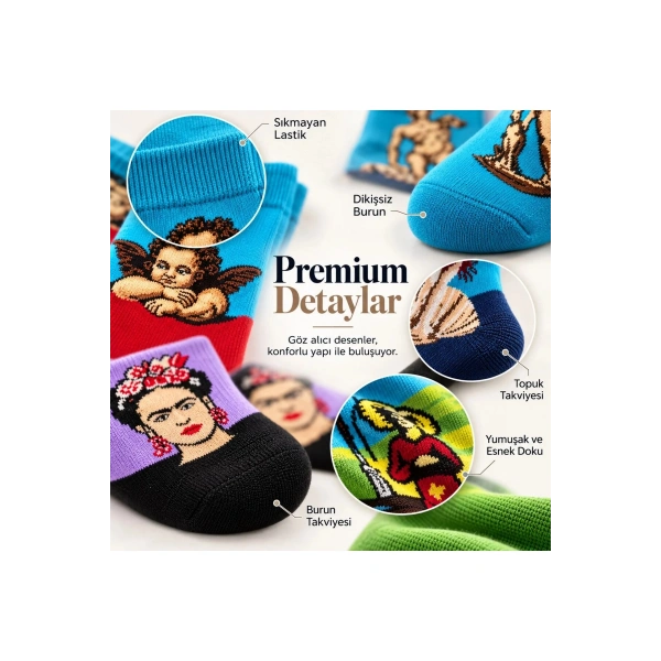 UNİSEX Çorap Sanat Temalı Renkli 7li Set Portre Tablo Desenli Uzun Soket Günlük Eğlenceli Çorap Şık
