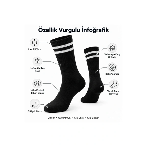 Siyah Çorap Beyaz Çizgili 3lü Set Unisex Uzun Soket Günlük Spor Rahat Kolej Stil Çorap Seti