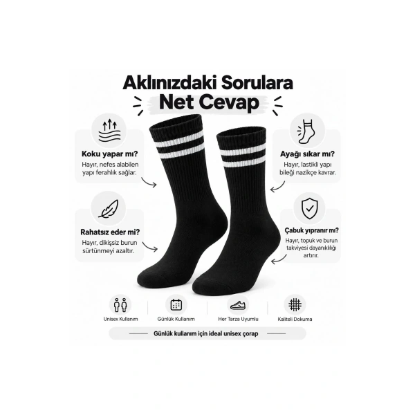Unisex Siyah Çorap Beyaz Çizgili 9lu Set Uzun Soket Günlük Spor Kolej Stil Rahat Kadın Erkek Çorabı