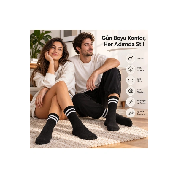 Unisex Siyah Çorap Beyaz Çizgili 12li Set Uzun Soket Günlük Spor Kolej Stil Kadın Erkek Çorabı