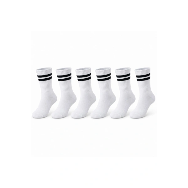 Unisex Beyaz Çorap Siyah Çizgili 6lı Set Uzun Soket Günlük Spor Kolej Stil Rahat Kadın Erkek Çorabı