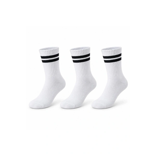 Unisex Beyaz Çorap Siyah Çizgili 3lü Set Uzun Soket Günlük Spor Kolej Stil Rahat Kadın Erkek Çorabı