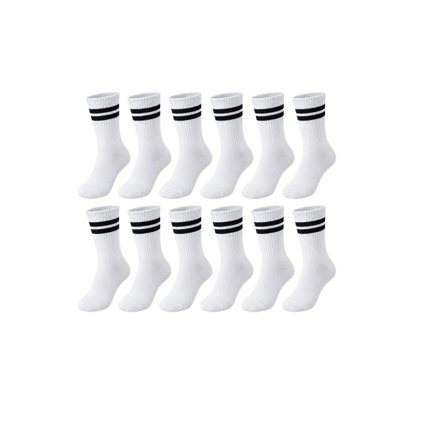 Unisex Beyaz Çorap Siyah Çizgili 12li Set Uzun Soket Günlük Spor Kolej Stil Kadın Erkek Çorabı
