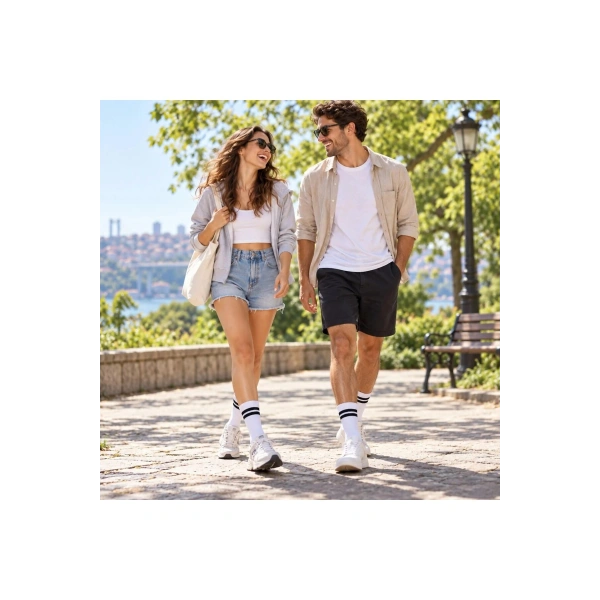 Unisex Beyaz Çorap Siyah Çizgili 12li Set Uzun Soket Günlük Spor Kolej Stil Kadın Erkek Çorabı