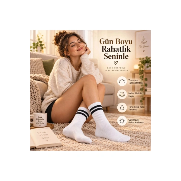 Unisex Beyaz Çorap Siyah Çizgili 12li Set Uzun Soket Günlük Spor Kolej Stil Kadın Erkek Çorabı