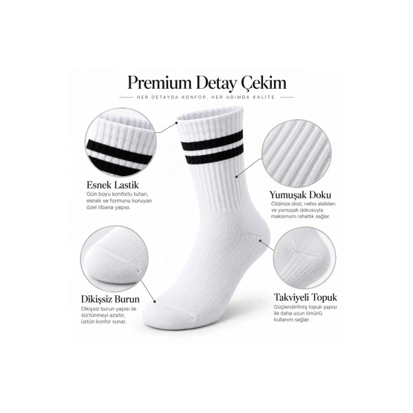 Unisex Beyaz Çorap Siyah Çizgili 12li Set Uzun Soket Günlük Spor Kolej Stil Kadın Erkek Çorabı