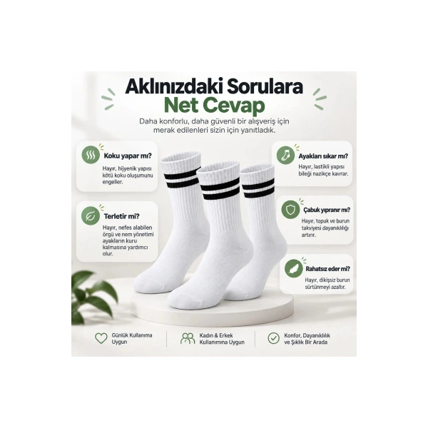 Unisex Beyaz Çorap Siyah Çizgili 12li Set Uzun Soket Günlük Spor Kolej Stil Kadın Erkek Çorabı